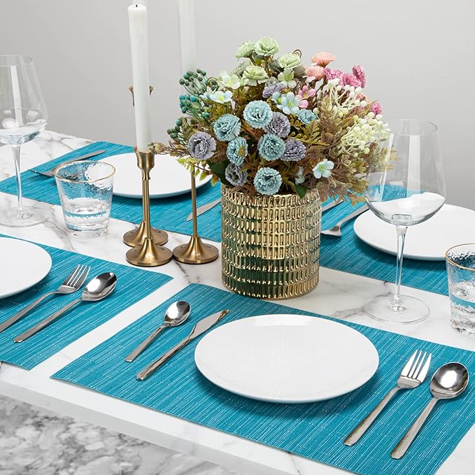 Winknowl Placemats Set of 6, Heat Resistant Stain Resistant Woven Vinyl Insulation Place mats, Durable Washable Elegant Table Mats for Kitchen Dining Table Decor (Teal Blue)