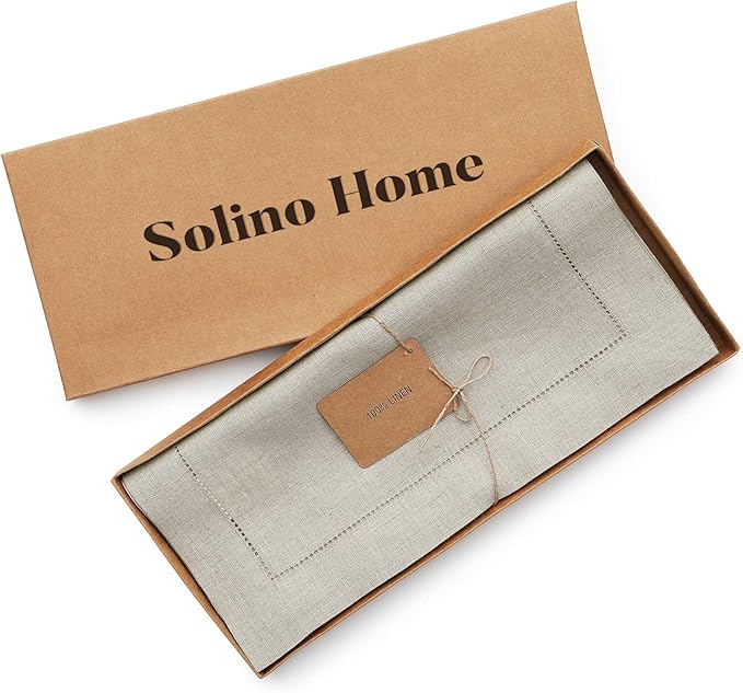 Solino Home Linen Natural Table Runner 90 Inches Long - 100% Pure Linen Hemstitch 14 x 90 Inch Table Runner for Dining, Spring, Easter - Classic Hemstitch