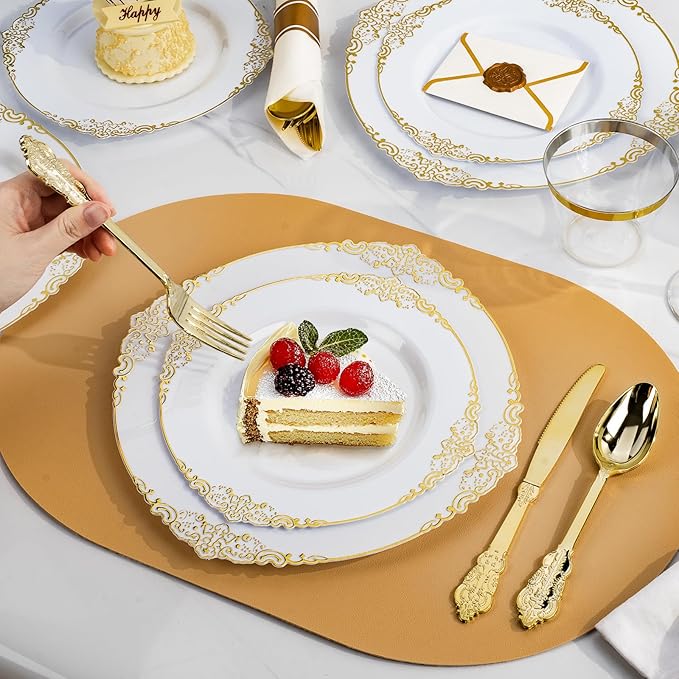 700PCS Gold Plastic Plates for 100 Guests, Disposable Dinnerware Sets Include 200 Gold Rim Plastic Plates, 100 Silverwares, 100 Cups, and 100 Pre Rolled Napkins for Party, Wedding, Graduation