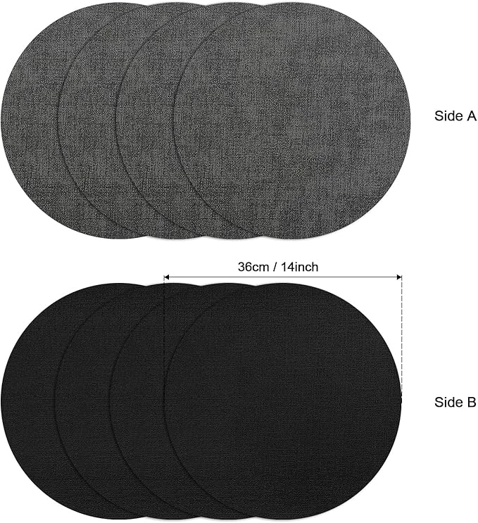 Myir JUN Round Placemats, Dual Sided Faux Leather Place Mats Set of 6 Indoor/Outdoor Non-Slip Washable Table Mats (Gray Black, Set of 6)
