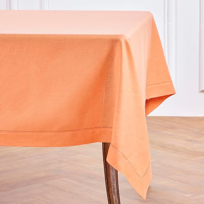 Solino Home Linen Tablecloth for Rectangle Tables 60 x 108 Inch - Classic Hemstitch 100% Pure Linen Coral Table Cloth - Machine Washable Cloth Tablecloth for Valentines, Spring, Easter
