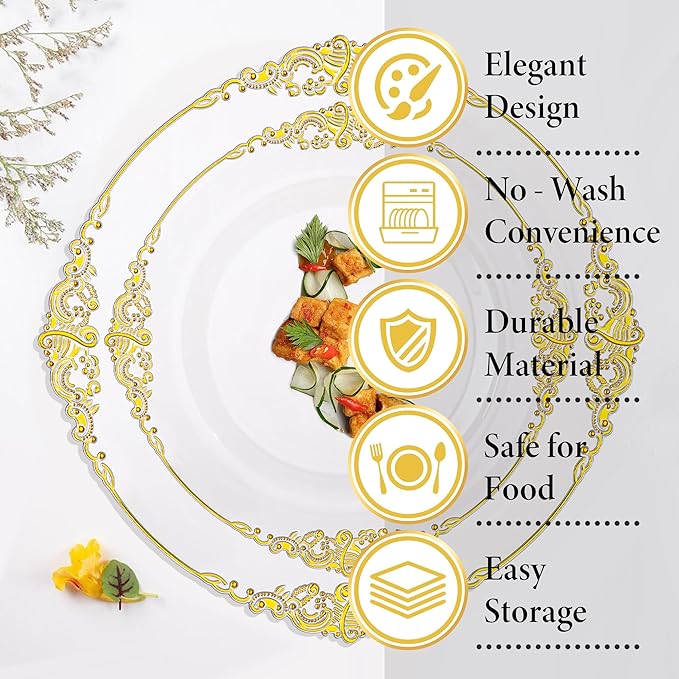 Nervure 100PCS Clear and Gold Plastic Plates - 7.5inch Clear Disposable Plates - Heavyweight Gold Plastic Plate - Dessert Plate for Wedding & Party