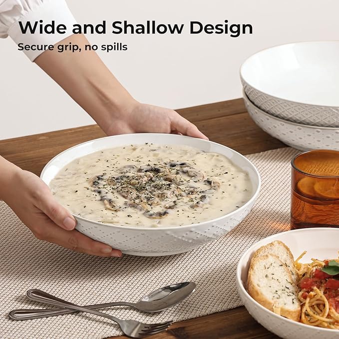 Y YHY Large Pasta Bowls, 45 oz Embossed Salad Bowls for Serving Soup, Noodle, Dessert, Dinner, Kitchen Deep Plates, 9.75" Porcelain Shallow Bowls, Soft White Dishes for House-warming Wedding Present