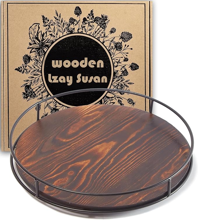 12 Inch Wood Lazy Susan Turntable for Table, Kitchen Rustic Brown Turntable Organizer with Steel Frame, 360 Degree Decorative Turntable for Countertop Cabinet or Centerpieces