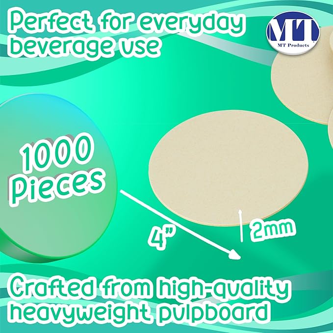 MT Products 4" Blank Off-White Heavyweight Round Paper Coasters for Drinks Absorbent Disposable - 2mm Blank Paper Coasters for Your Beverages (Case of 1000) - Made in The USA