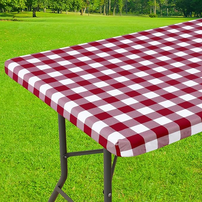 Smiry Rectangle Picnic Table Cloth, Elastic Waterproof Fitted Vinyl Tablecloths, Flannel Backed Buffalo Plaid Table Covers for Dining, Camping, Outdoor (Burgundy and White, 24" x 48")