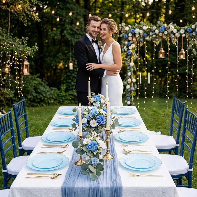 LIYH 120 Pcs Baby Blue Plastic Plates with Gold Edge - Disposable Light Blue Scalloped Baby Shower Plastic Plates Includes 60 Dinner Plate 10.25" & 60 Dessert Plate 7.5" for Birthday Party