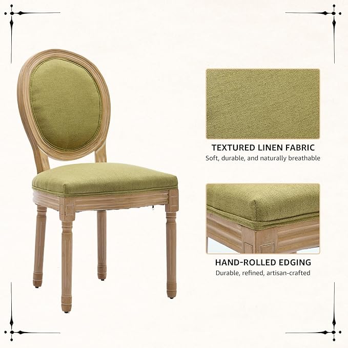 Vintage French Dining Chairs Set of 8, Round Back Upholstered Accent Chairs in Linen Fabric with Solid Wood Frame, Farmhouse Sillas de Comedor for Dining Room & Kitchen, Olive Green
