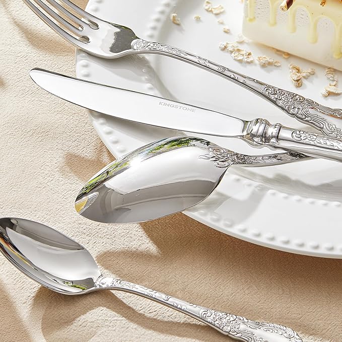 KINGSTONE Vintage Carved Silverware Set, 20-Piece 18/10 Stainless Steel Flatware Cutlery Set with Retro Royal Thick Handle, Tableware Utensils for Home, Restaurant, party, Wedding, Dishwasher Safe