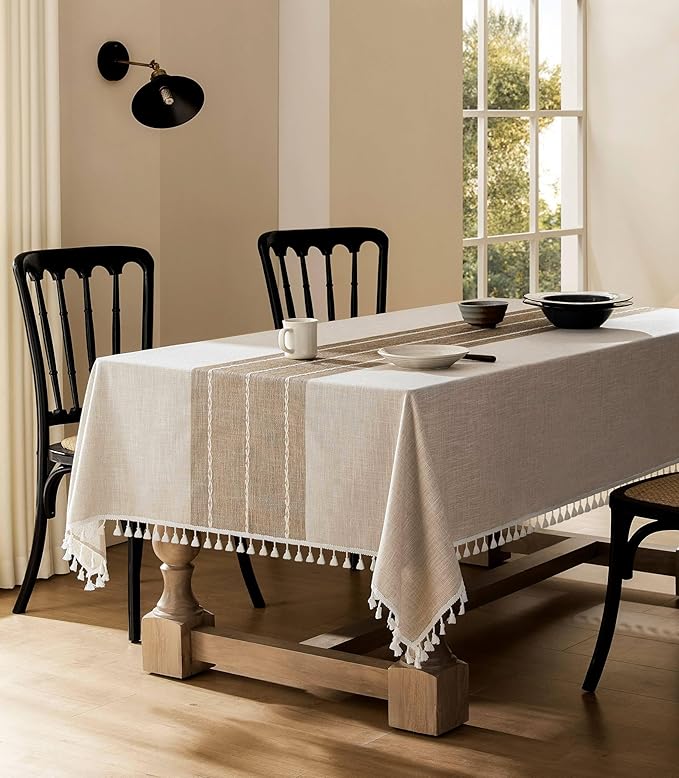 ZeeMart Contrast Linen Table Cloth Rectangle Table Cloths 60x104 Inch Brown, Farmhouse Style Heavy Weight Beige Tablecloth, Water Resistant Burlap Tablecloths