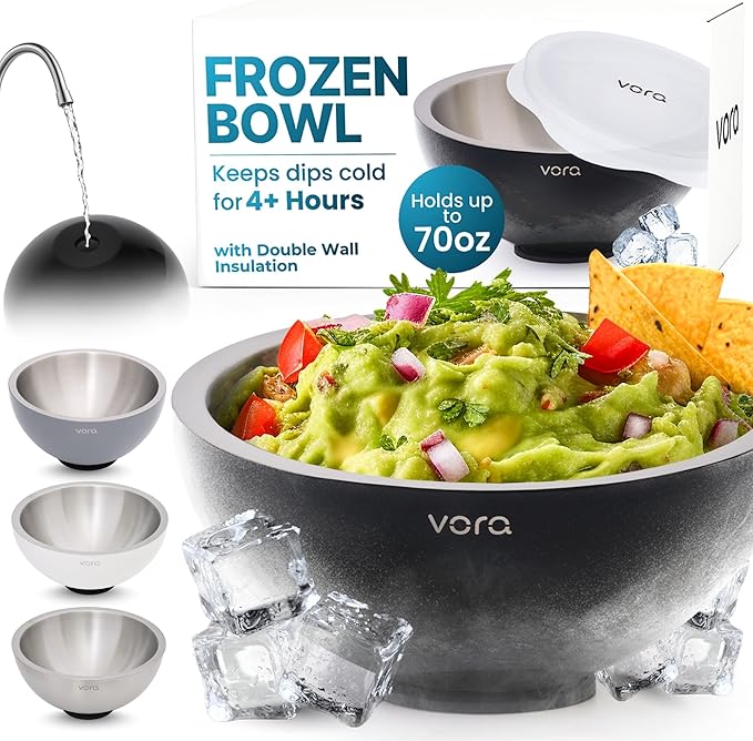 Vora 70oz Dip Chiller Bowl with Lid | Black Stainless Steel Chilled Dip Bowl for Dips, Guacamole, Hummus, Salsa | Insulated Serving Dishes with Easiest Water Fill & Refillable Chamber