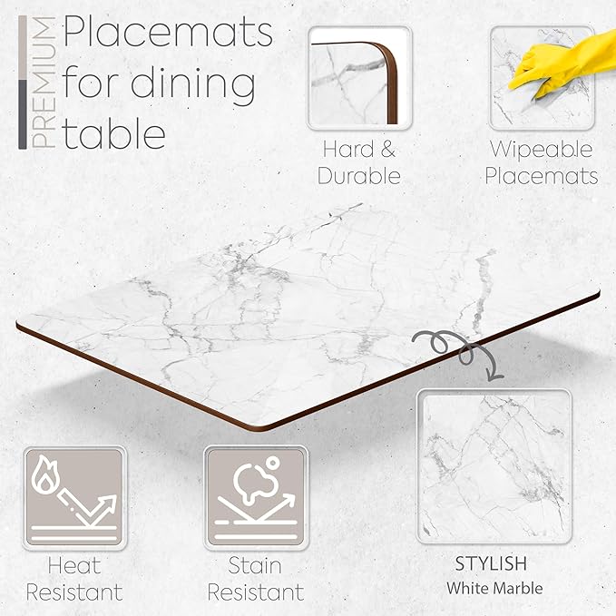 Set of 4 Heat Resistant Cork Placemats for Dining Table with Free Set of 4 Matching Drink Coasters Marble Design 16 x 12 Inches Cork Backed Hard Placemats (White Marble)