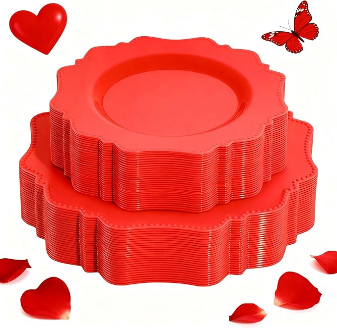 COLOSUS Disposable Plastic Plates 60Pcs, Christmas Red Plastic Party Plates, Heavy Duty 30 Dinner plate 10.5” and 30 Salad/Dessert Plate 8.25” for Christmas party dinner