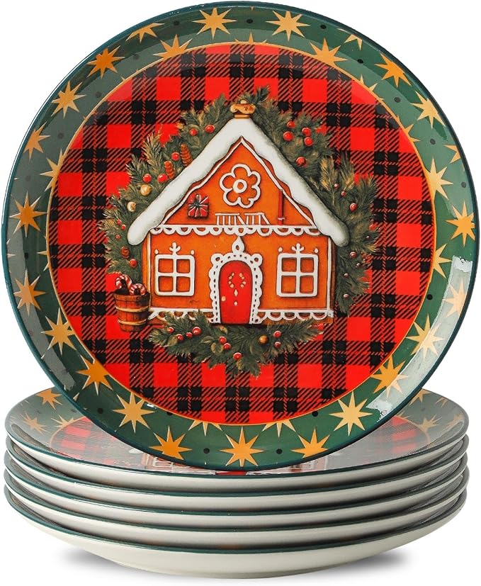 Ceramic Dinner Plates Set of 6,Stoneware 10 Inch,Microwave,Dishwasher and Oven Safe,Porcelain Dessert Plates for Steak,Dishes Set for Kitchen,New Year Gift,Scratch Resistant,Christmas