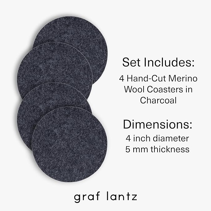 Graf Lantz - Bierfilzl Merino Wool Round Coasters Set of 4 - Charcoal (4" Circles) - Absorbs 30% of Weight - German Wool - Heat Resistant, Sustainable, & Reusable - Home Decor & Coffee Table Decor