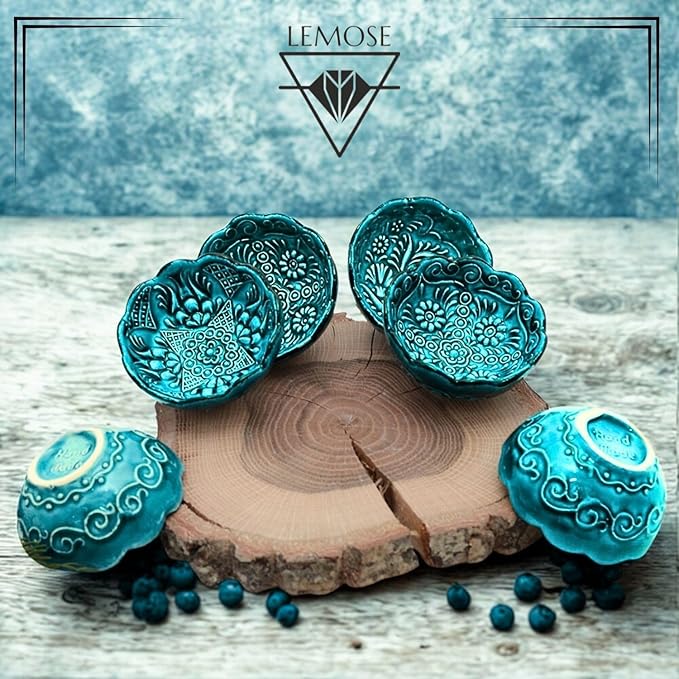Handmade Decorative Turkish Ceramic Mini Pinch Bowls Set of 6 – Small Dipping & Serving Sauce Bowls, Green Charcuterie Accessories, Hand-Painted Floral Pattern Snack Dishes for Kitchen & Table Decor