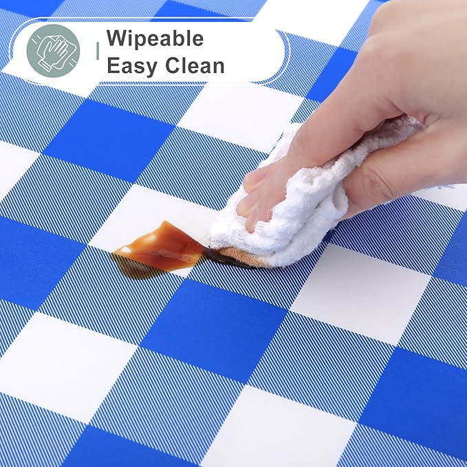misaya Rectangle Waterproof Vinyl Table Cloth, Buffalo Flannel Backed Tablecloth, Wipeable Plastic Table Cover for Seaside, Picnic, Outdoor (52" x 70", White and Blue)