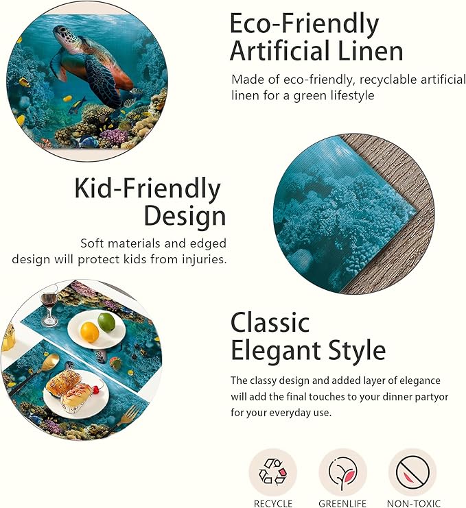 Turtle Underwater Placemats Set of 6,Sea Coral Fish Waterproof Non-Slip Washable Table Mats Set for Kitchen Dining Holiday Party Wedding Decor 12x18 Inch
