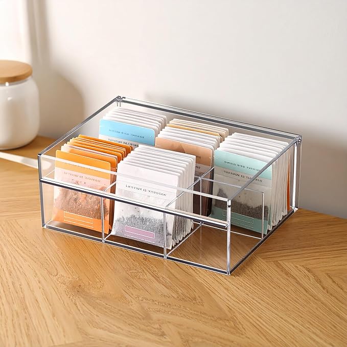 Amazing Abby - Tea-Rrific - Acrylic 6-Compartment Tea Bag Organizer, Clear Plastic Tea Box, 6-Slot Tea Chest, Perfect Tea Storage Solution for Kitchen Cabinet, Countertop, Pantry, and More