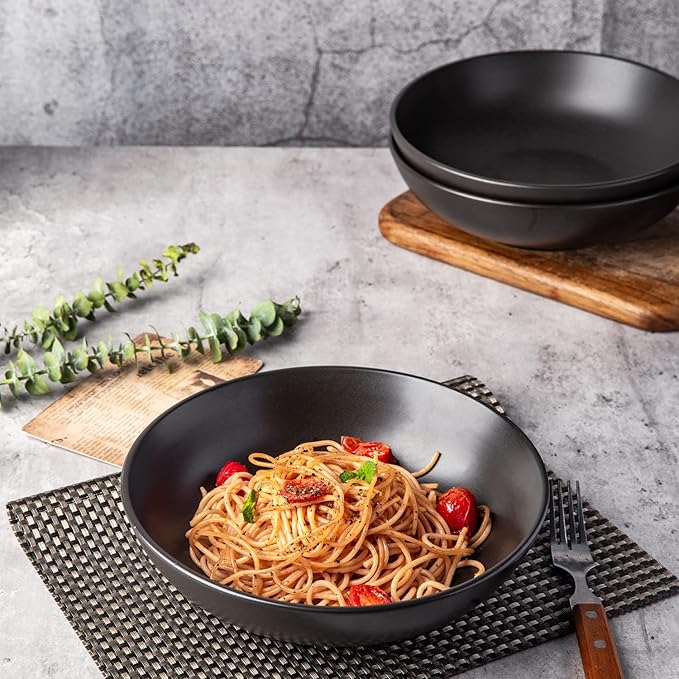 AmorArc 8.75‘’ Large Pasta Bowls, 42 ounce Deep Stoneware Bowls Set of 6 for Kitchen, Wide Bowl for Pasta/Salad/Fruit/Oatmeal/Soup, Microwave&Dishwasher Safe-Matte Black