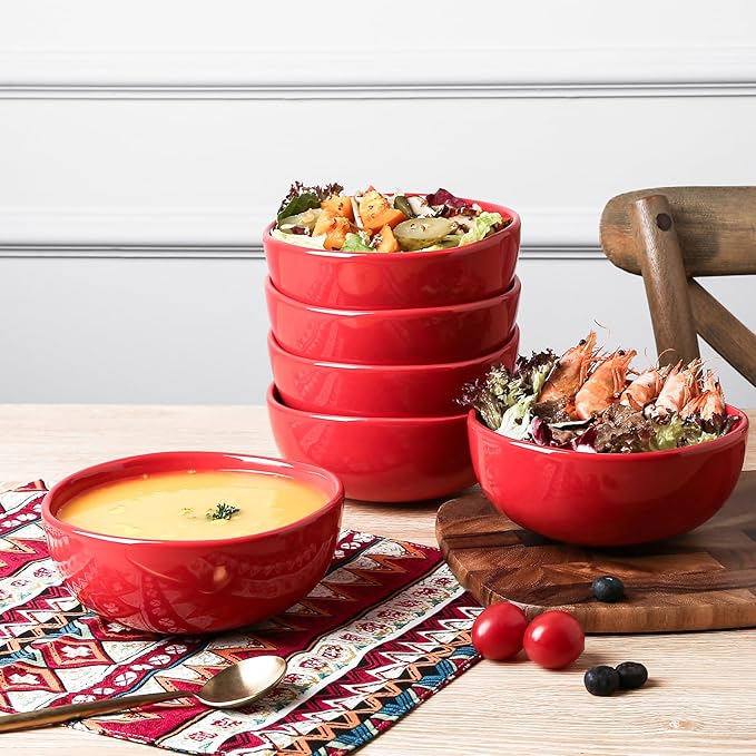 vicrays Ceramic Cereal Bowls Set - Porcelain 26 Ounce Soup Salad Bowls Set - Rice Dessert Cream Bowls Set - Chip Resistant Dishwasher Microwave Safe - Set of 6 (Red)