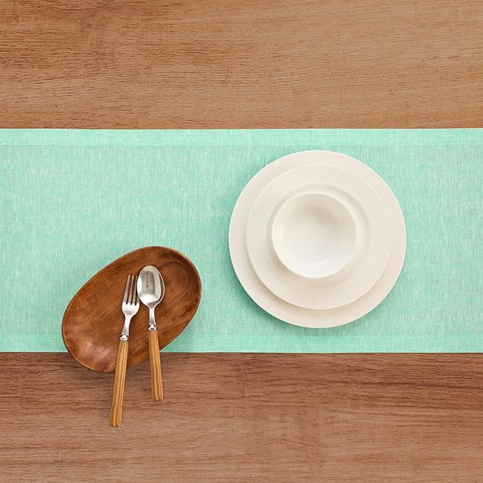 Solino Home Linen Table Runner 48 Inches - 100% Pure Linen Chambray Aqua Table Runner 14 x 48 Inch Ideal for Dresser and Coffee Tables - Athena, Winter, Spring, Easter