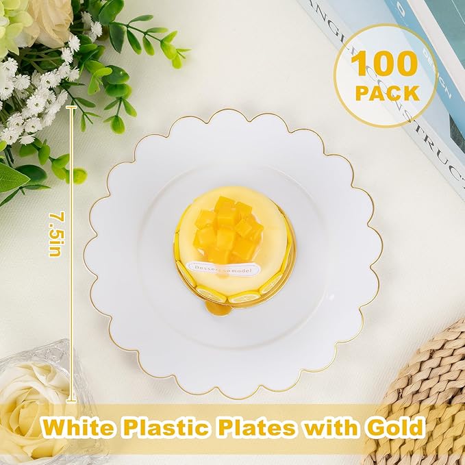 LIYH 100 Pcs Gold White Dessert Plates - 7.5" Disposable Fancy Cake Plates - White with Gold Rim Premium Hard Appetizer Cake Plastic Wedding Plate for Party,Bridal Shower,Birthday,Valentine's Day