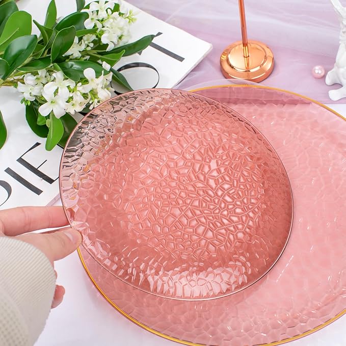 Hioasis 60pcs Burgundy Plastic Plates - Gold Rimmed Disposable, Hammered, Heavy-duty Dinnerware Set Suitable for 30 Guests, 10.25" Dinner & 7.5" Dessert Plates for Party & Wedding