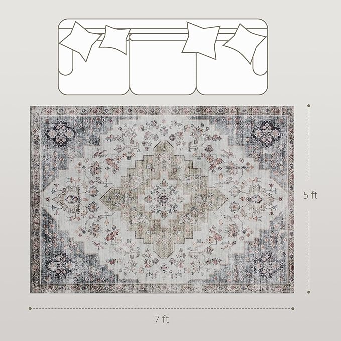 HOMCOM Washable Area Rug, 5'x7' Vintage Indoor Distressed Carpet, Retro Floor Cover Foldable, Floral Print Mat for Living Room, Bedroom, Dining Room, Brown and Green