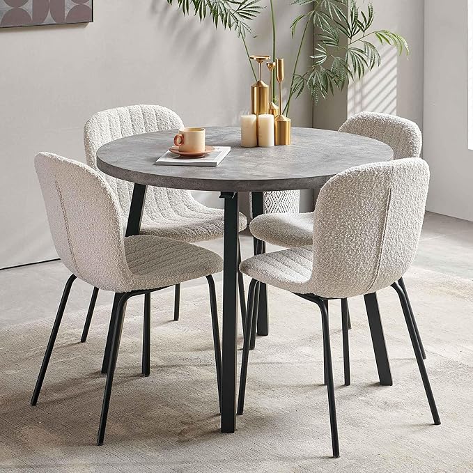 Round Dining Table Set for 4 with Boucle Chairs - Modern Kitchen Table and Chairs Set for Small Spaces - Boucle White