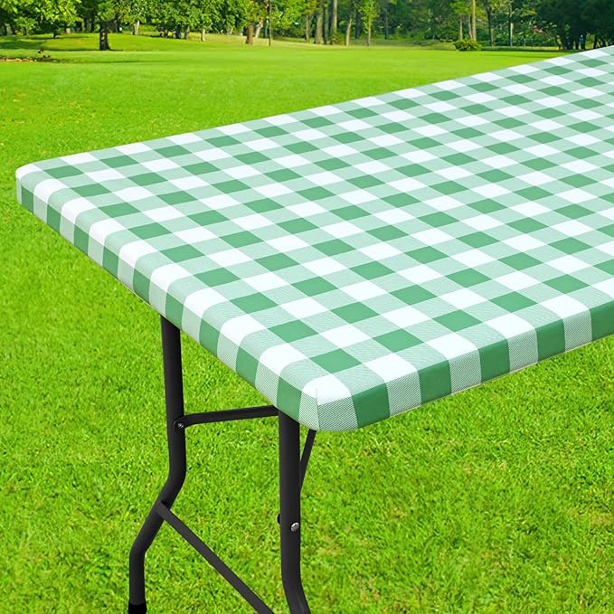 Smiry Rectangle Picnic Table Cloth, Elastic Waterproof Fitted Vinyl Tablecloths, Flannel Backed Buffalo Plaid Table Covers for Dining, Camping, Outdoor (Sage Green and White, 30" x 96")