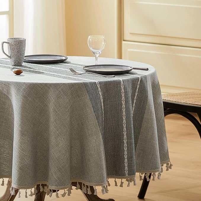 ZeeMart Contrast Linen Round Tablecloth 52 Inch Grey, Farmhouse Style Round Table Cloth Heavy Weight Grey Tablecloths, Water Resistant Burlap Table Cloths