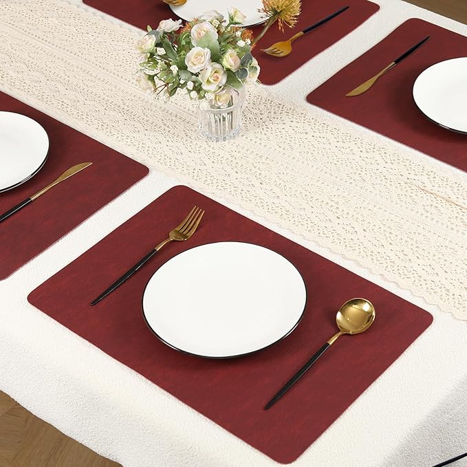 Red Reversible Faux Leather Placemats – Set of 6 Waterproof, Heat-Resistant & Easy-to-Clean Table Mats for Modern Dining