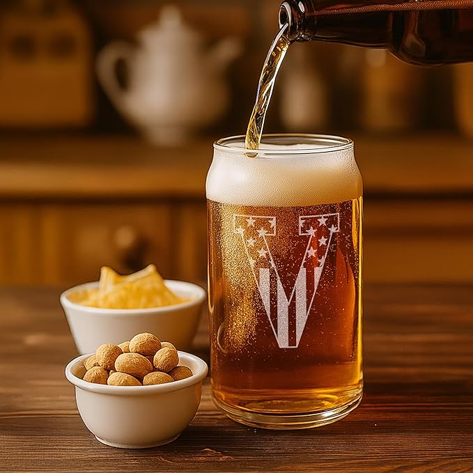 Monogram Beer Glasses for Men (A-Z) 16 oz - Beer Gifts for Men Brother Son Dad Neighbor - Unique Christmas Gifts for Him - Personalized Drinking Gift Beer Glass Mugs - Engraved Beer Can Glass (V)