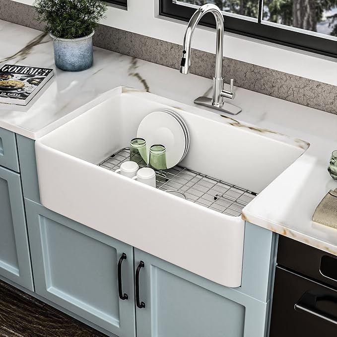 30 Farm Sink White - Fulorni 30"x20" Farmhouse Kitchen Sink Flat Apron Front White Ceramic Porcelain Fireclay Deep Single Bowl Farmer Style Kitchen Basin