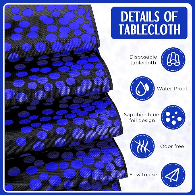 Breling 8 Pack Black and Blue Disposable Plastic Tablecloths and Satin Table Runner Set, 54 x 108 Inch Tablecloth, 12 x 108 Inch Table Runners for Wedding Graduation Birthday Baby Shower New Year