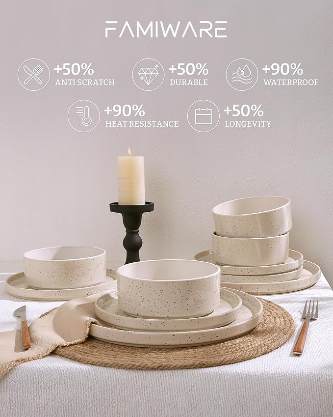 Famiware Nebula Plates and Bowls Sets, 12 Pieces Dinnerware Sets, Dishes Set for 4, Creamy White with Colorful Speckles