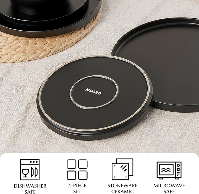 MIAMIO – Ceramic Dinner Plates Set for 4 People/Ceramic Dinnerware 4-Piece, Modern Stoneware, Dishwasher & Microwave Safe – Luxe Collection (Black, 8 Inch)