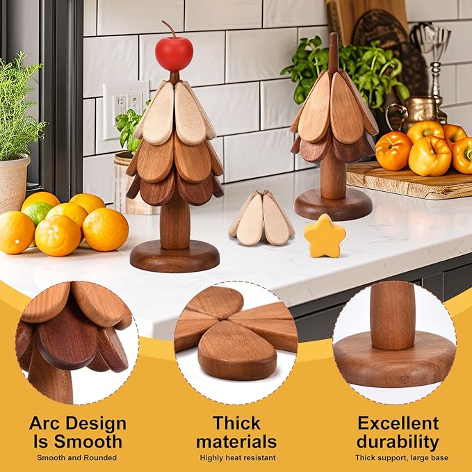Wooden Tree Trivet Set - Tree Coasters & Trivets for Hot Dishes - Cork Trivets for Hot Pots and Pans - Tree Coasters & Trivets for Hot Dishes (Apple)