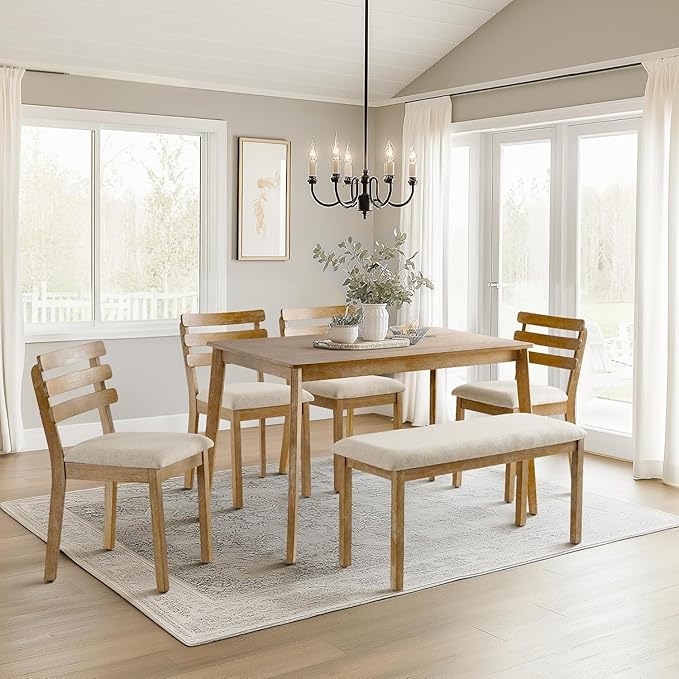 6 Piece Dining Table Set with Bench, Wooden Rectangular Kitchen Table and 4 Upholstered Chairs, Farmhouse Dining Room Furniture for Family Meals, Light Oak Finish