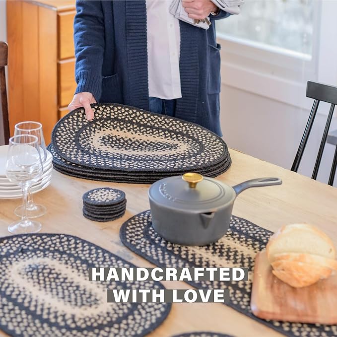 Homespice Manchester Jute Braided Rope Coasters 4", Country Primitive Decor, Set of 6, Black and Tan - Durable, Absorbs Moisture, Easy to Clean and Protects Furniture