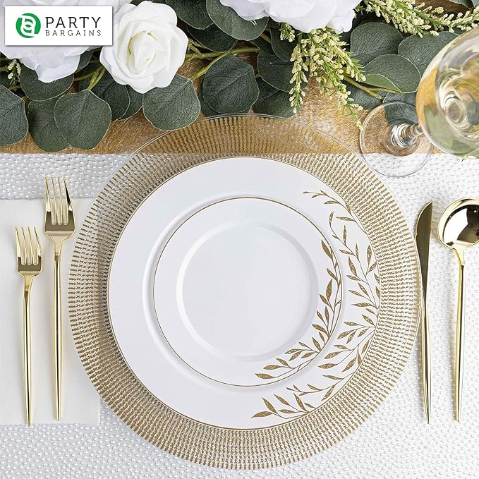 PARTY BARGAINS 13-Inch Charger Plates - 16 Pack, Clear Gold Textured Rim, Heavy-Duty Disposable Chargers for Elegant Dining - Ideal for Weddings and Formal Events
