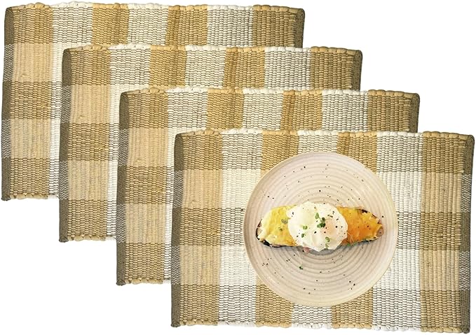 Perilla Home Cotton Placemat Set of 4 Table Mats for Kitchen Dining Home Decor Vintage Boho Rectangle Placemats (Beige and White 13"x19")