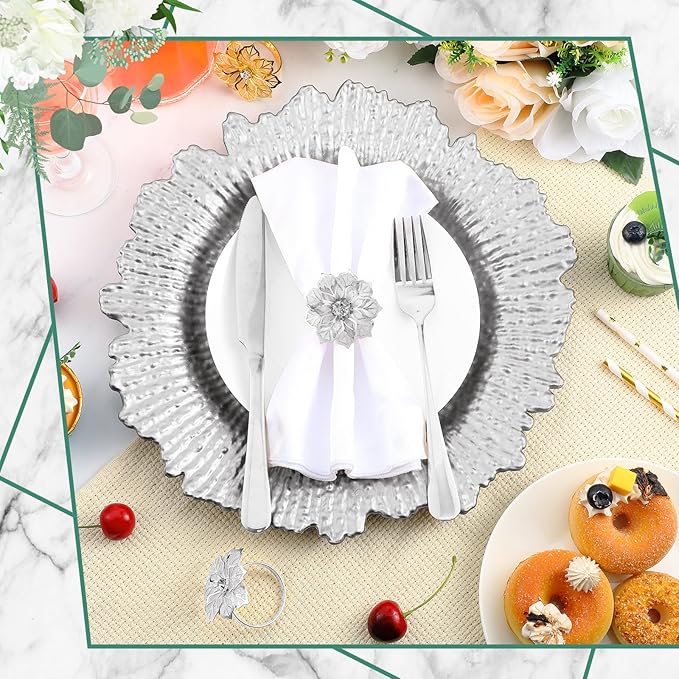 Dandat 24 Pcs Charger Plate Bulk 13'' Floral Reef Plates with Napkin Ring Plastic Dinner Charger Hollow Out Flower Napkin Holder Plastic Plate for Table Setting Wedding Party (Silver)