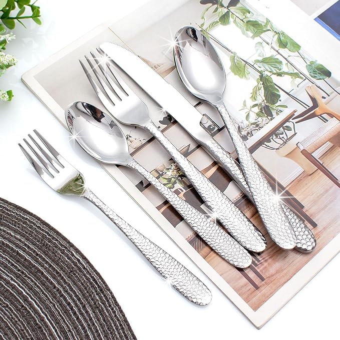 Hammered Silverware Set, CITESANA 20-Piece Heavy Duty Mirror Polished Stainless Steel Flatware Set Cutlery Set Flatware Service for 4