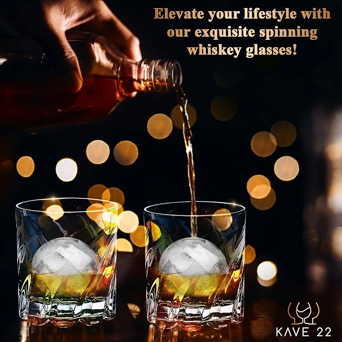 Whiskey Glasses Set of 4 - Spinning Bourbon Glass with Ice Ball Mold - Elegant Scotch, Old Fashioned Rotating Base - Thick Crystal Drinking Kit Scotch - Elegant Barware Gift for Whisky Lovers