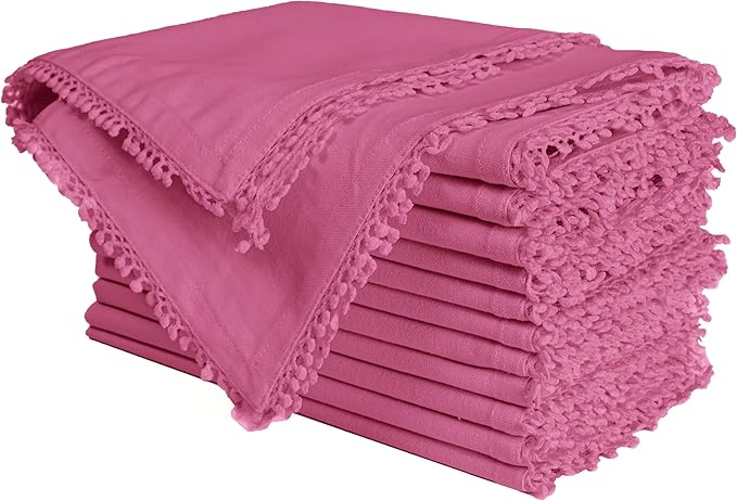 Bedding Craft Cotton Cloth Dinner Napkins Set of 12 – 18x18 Wild Orchid Pink with Decorative Lace Selvedge – Elegant Machine Washable Fabric Napkins for Weddings, Parties, Baby Showers & Table Décor