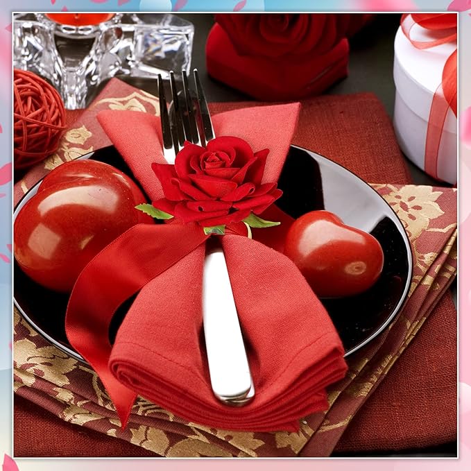 Set of 8 Valentine's Day Napkin Ring Rose Flower Metal Napkin Ring Designed with Rose Serviette Buckle for Valentine's Day Wedding Anniversary Party Dinner Table Decor