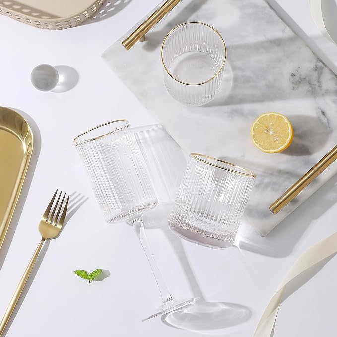 Lysenn Vintage Glassware Set - Ribbed & Fluted Wine, Champagne, Whiskey & Highball Glasses for Wedding or Party, Set of 4