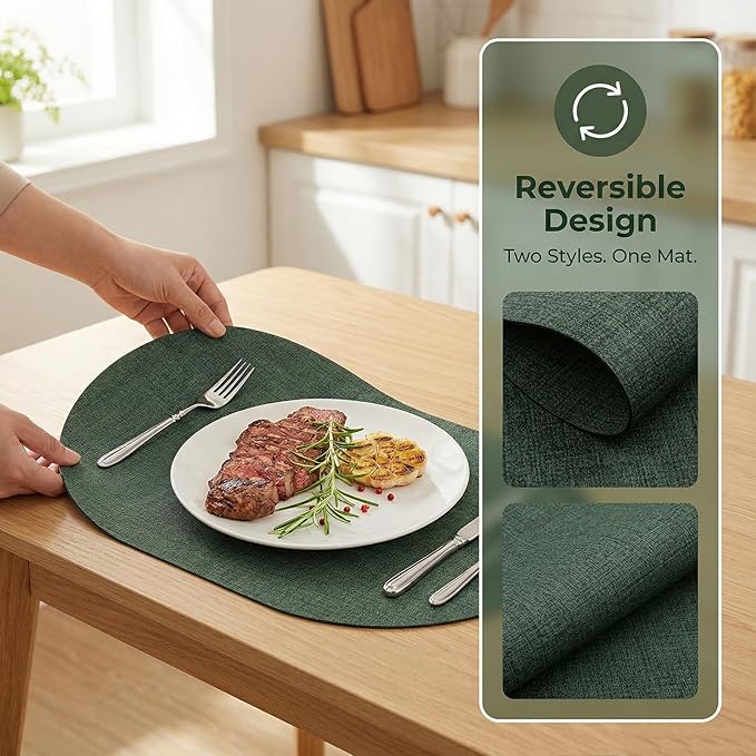Placemats Set of 4 - Washable Heat Resistant Table Placemats - Wipeable Faux Leather Oval Place Mats, Waterproof Table Mats for Dining Table, Green